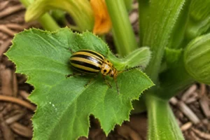 Chrysomèle rayée du concombre sur une feuille de courgette dans un potager avec dégâts visibles