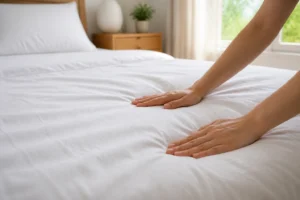 Mains en train d'enfiler une housse de couette blanche sur un lit soigné, lumière naturelle