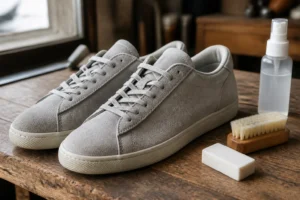 Chaussures en daim gris sur un établi avec brosse crêpe, gomme spéciale daim et spray nettoyant