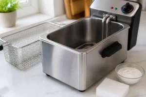 Friteuse électrique propre avec panier, bicarbonate de soude et éponge sur un plan de travail