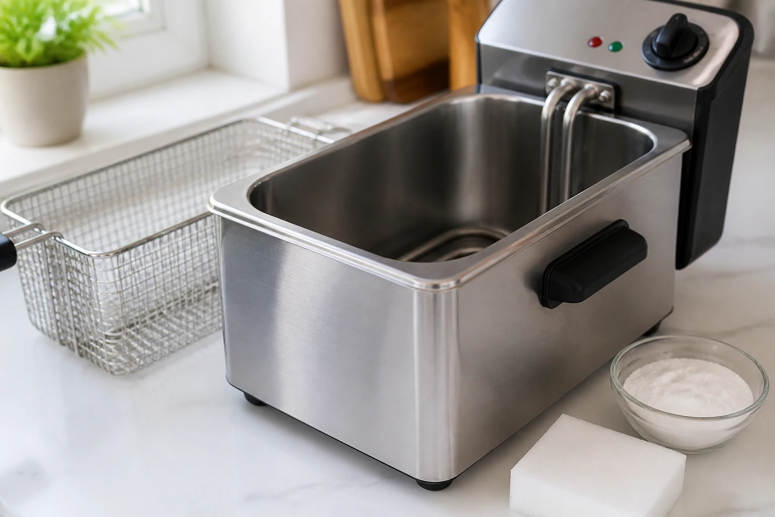 Friteuse électrique propre avec panier, bicarbonate de soude et éponge sur un plan de travail