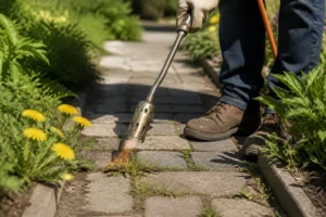 Désherbeur thermique à gaz utilisé sur une allée pavée de jardin par temps ensoleillé