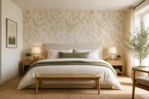 Chambre moderne avec papier peint tête de lit à motifs botaniques discrets, lit double, lumière naturelle