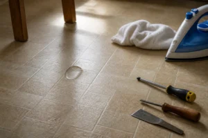 Sol en lino avec une marque d'enfoncement et un fer à repasser posé à côté sur un chiffon humide