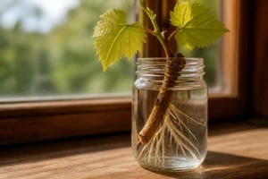 Bouture de vigne dans un bocal en verre avec racines blanches visibles dans l'eau, posée sur un rebord de fenêtre en bois