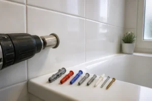 Chevilles et foret posés sur un carrelage blanc en salle de bain avant perçage