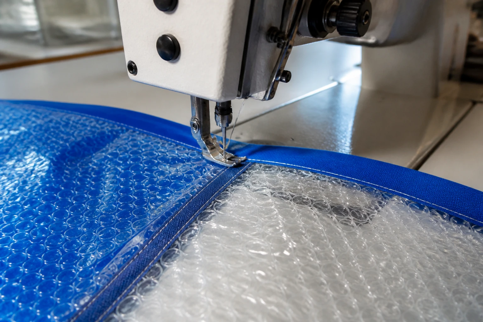 Couture d'une bâche à bulle de piscine sur machine à coudre robuste avec fil polyester