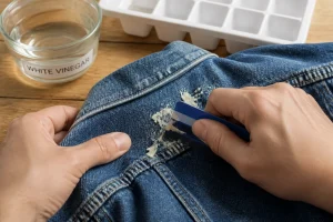 Main grattant du chewing-gum sur un jean avec une carte bancaire, sur un établi en bois