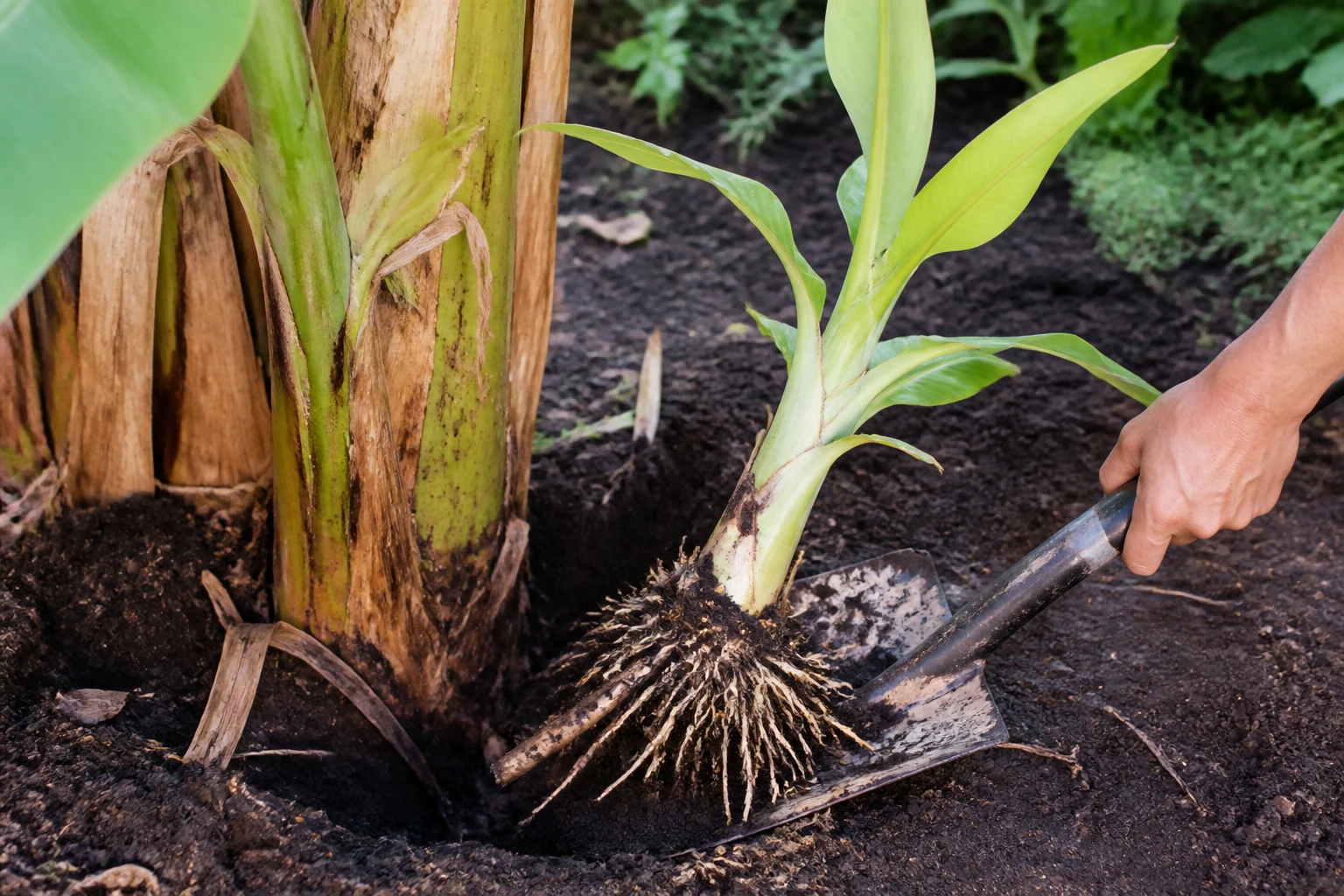 Séparation d'un rejet de bananier avec une bêche dans un jardin, racines visibles et feuilles étroites
