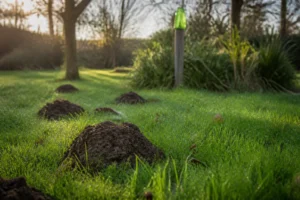 Pelouse de jardin avec taupinières fraîches et bouteille anti-taupes plantée sur un piquet