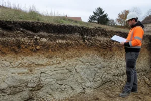 Géotechnicien analysant un terrain avec rapport d'étude de sol G1 en main, coupes géologiques visibles