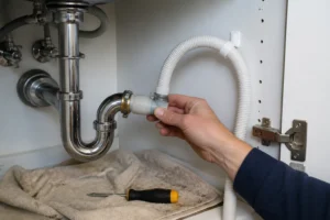 Raccordement du tuyau d'évacuation d'un lave-vaisselle sur le siphon de l'évier, boucle anti-retour fixée sous le plan de travail