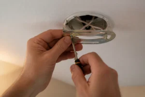 Installation d'une platine de fixation pour lustre sur un boîtier électrique au plafond