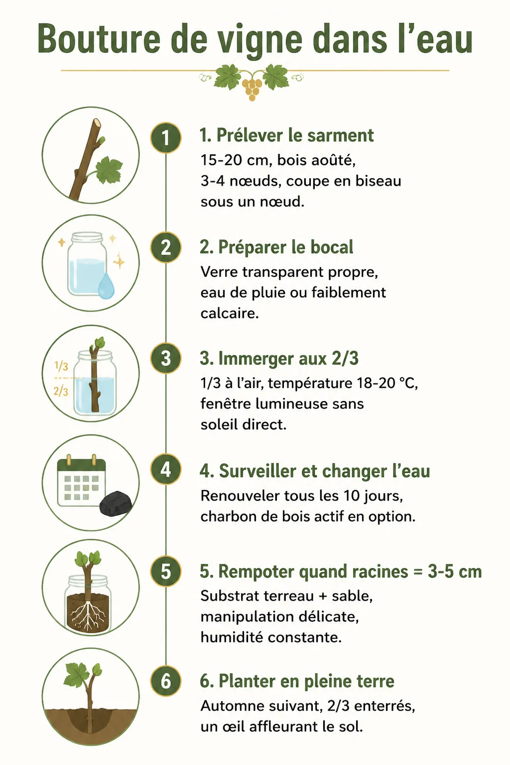 Bouture de vigne dans l'eau : 1. Prélever le sarment, 2. Préparer le bocal, 3. Immerger aux 2/3, 4. Surveiller et changer l'eau, 5. Rempoter quand racines = 3-5 cm, 6. Planter en pleine terre