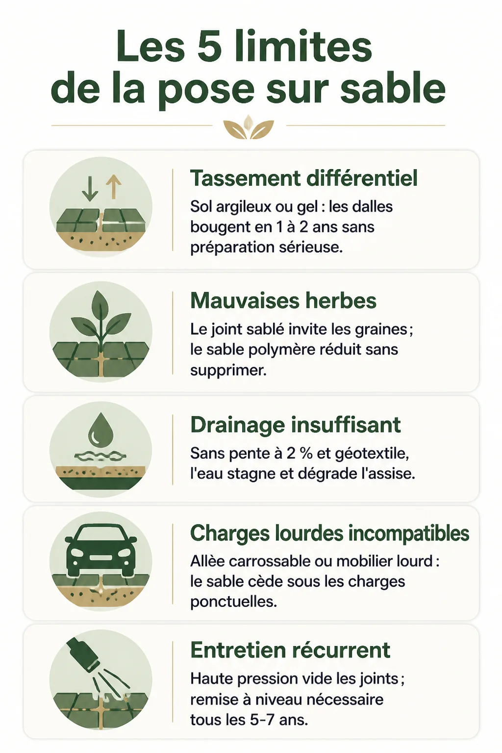 Les 5 limites de la pose sur sable : Tassement différentiel, Mauvaises herbes, Drainage insuffisant, Charges lourdes incompatibles, Entretien récurrent