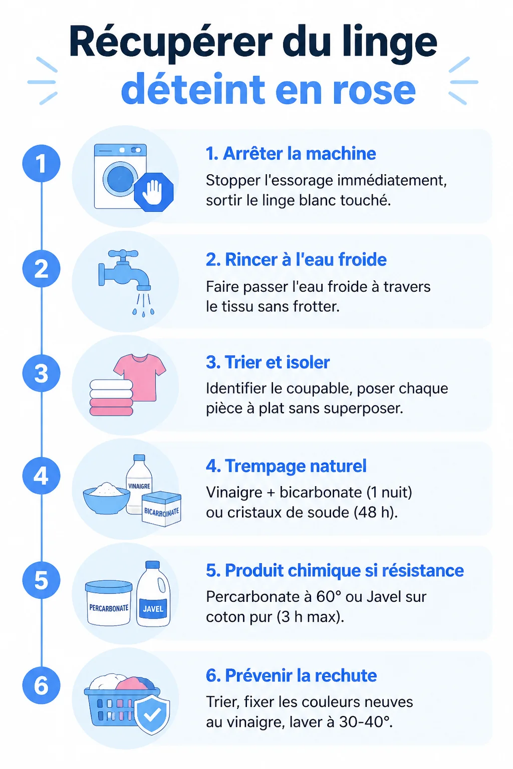 Récupérer du linge déteint en rose : 1. Arrêter la machine, 2. Rincer à l'eau froide, 3. Trier et isoler, 4. Trempage naturel, 5. Produit chimique si résistance, 6. Prévenir la rechute