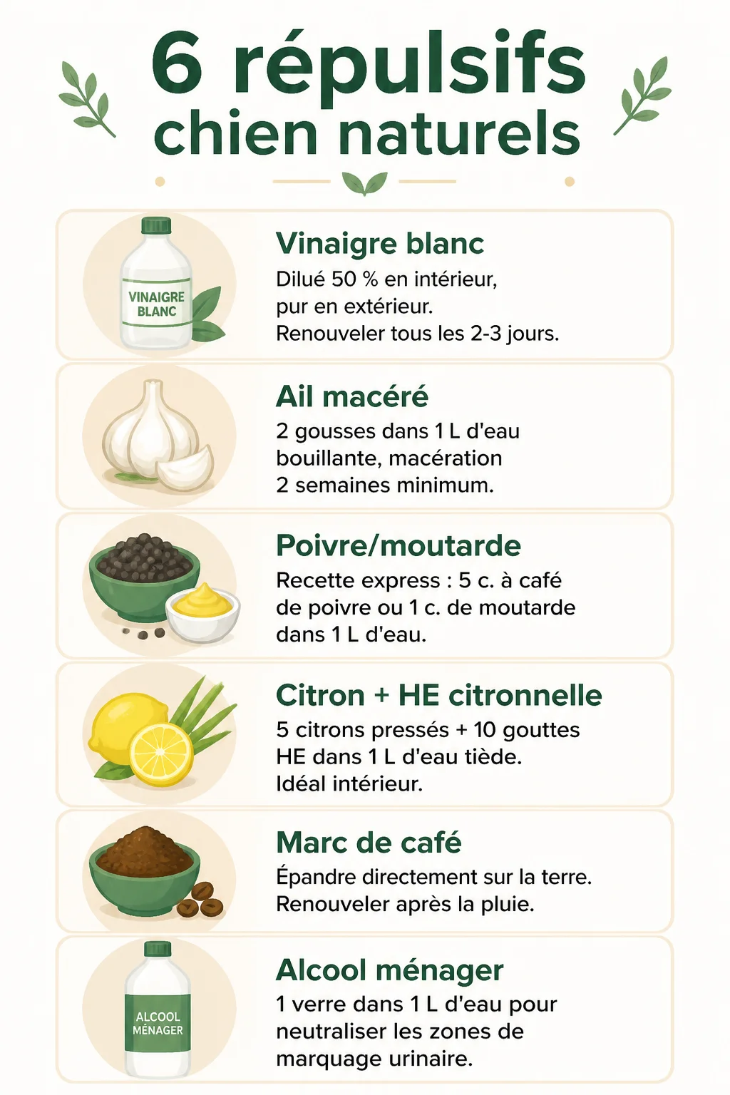6 répulsifs chien naturels : Vinaigre blanc, Ail macéré, Poivre/moutarde, Citron + HE citronnelle, Marc de café, Alcool ménager