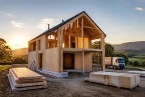 Maison ossature bois en kit en cours de montage sur terrain en France, structure bois apparente