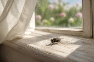 Mouche domestique posée sur un rebord de fenêtre en bois dans une maison lumineuse