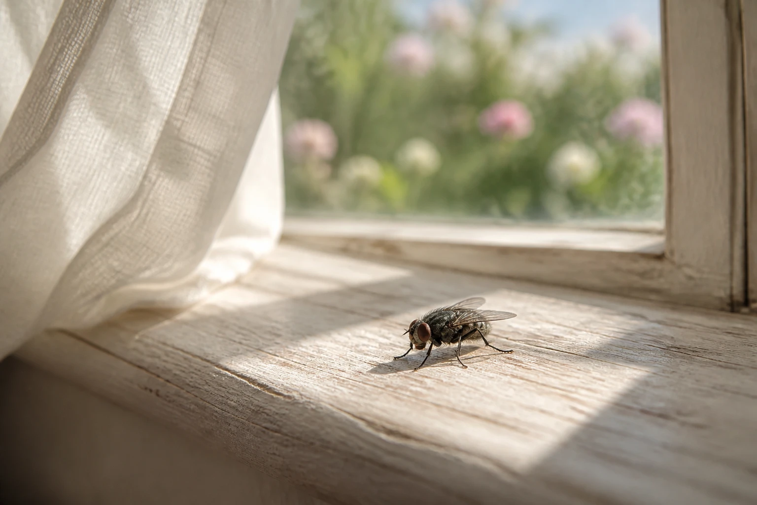 Mouche domestique posée sur un rebord de fenêtre en bois dans une maison lumineuse
