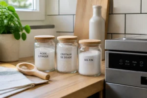 Ingrédients pour poudre lave-vaisselle maison : acide citrique, cristaux de soude et sel fin dans des bocaux en verre