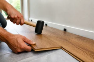 Pose de lames de parquet stratifié avec maillet et cales de dilatation contre un mur