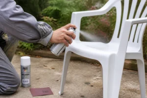 Application de peinture en bombe spéciale plastique sur une chaise de jardin en polypropylène blanc, extérieur