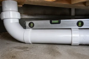 Tuyau PVC blanc d'évacuation WC posé avec pente mesurée au niveau à bulle sous plancher