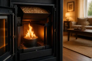 Intérieur d'un poêle à granulés Cadel avec flamme vive dans le brûleur et granulés en bois dans le réservoir