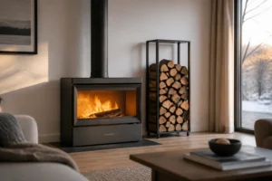 Poêle à bois Panadero en acier noir allumé dans un salon contemporain avec parquet chêne