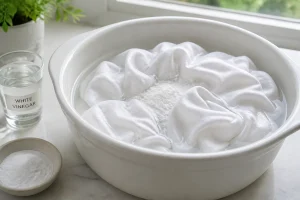 Linge blanc en trempage dans une bassine avec vinaigre blanc et bicarbonate pour récupérer une coloration rose