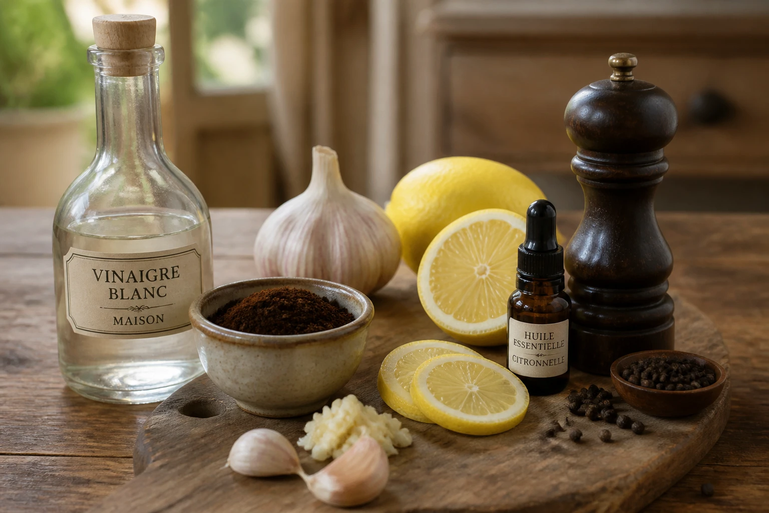 Ingrédients naturels pour répulsif chien maison : vinaigre blanc, ail, citrons et marc de café sur table en bois
