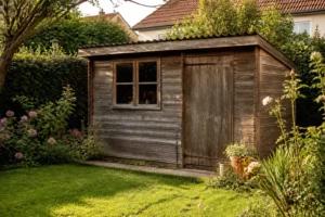 Abri de jardin en bois ancien dans un jardin français, construit avant 2012, entouré de végétation
