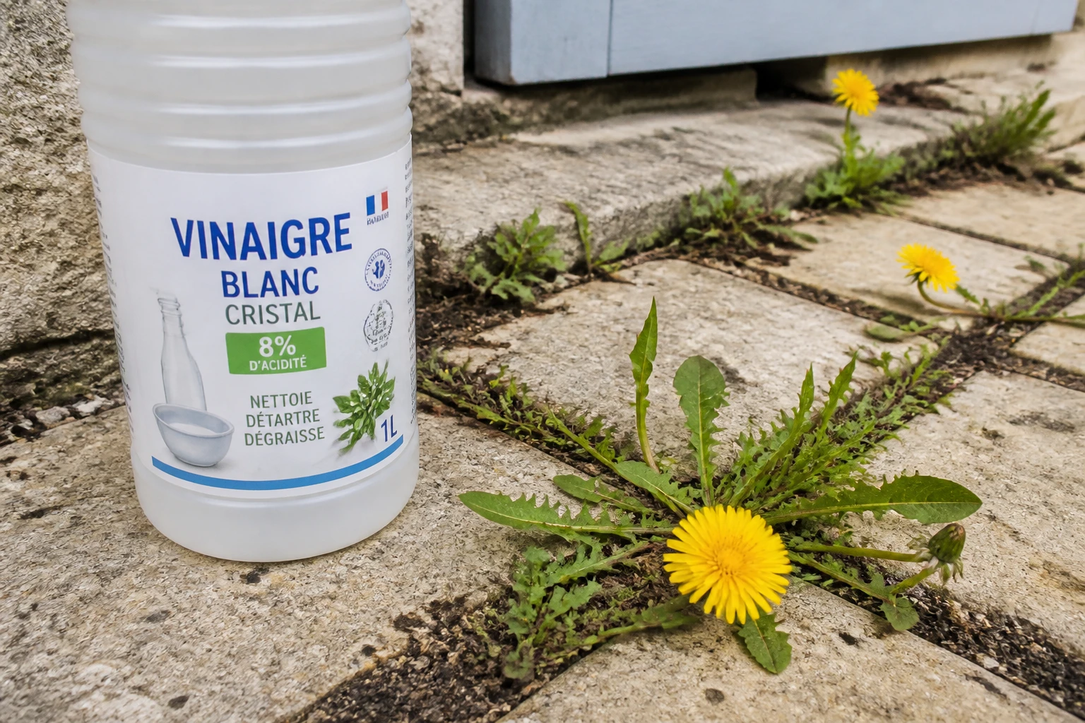 Bouteille de vinaigre blanc posée sur une terrasse en pierre avec des mauvaises herbes entre les joints