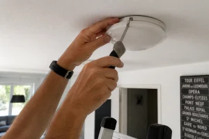 Démontage d'un plafonnier à clips avec un tournevis enveloppé d'un chiffon pour protéger le cache