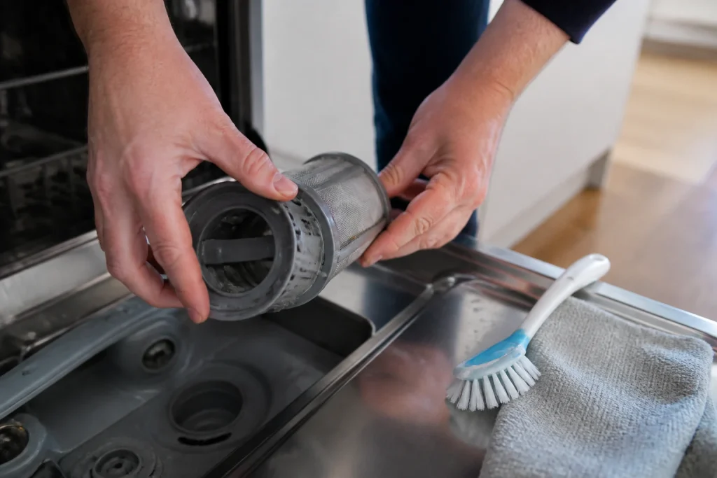 Homme retirant le filtre d'un lave-vaisselle pour le nettoyer dans une cuisine moderne