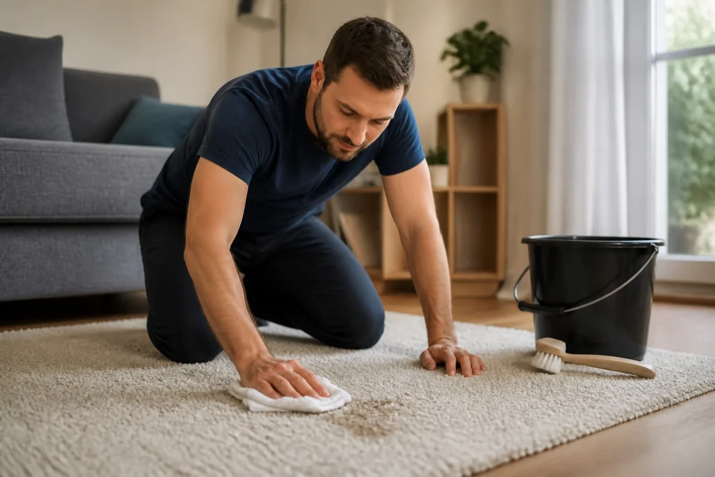 Homme nettoyant délicatement une tache sur un tapis en laine avec un chiffon en microfibre