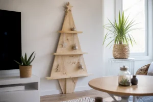 Sapin de Noël fait maison en tasseaux de bois assemblés, posé contre un mur de salon