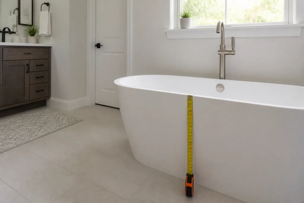 Baignoire îlot dans une salle de bain lumineuse avec mètre ruban mesurant la hauteur du rebord