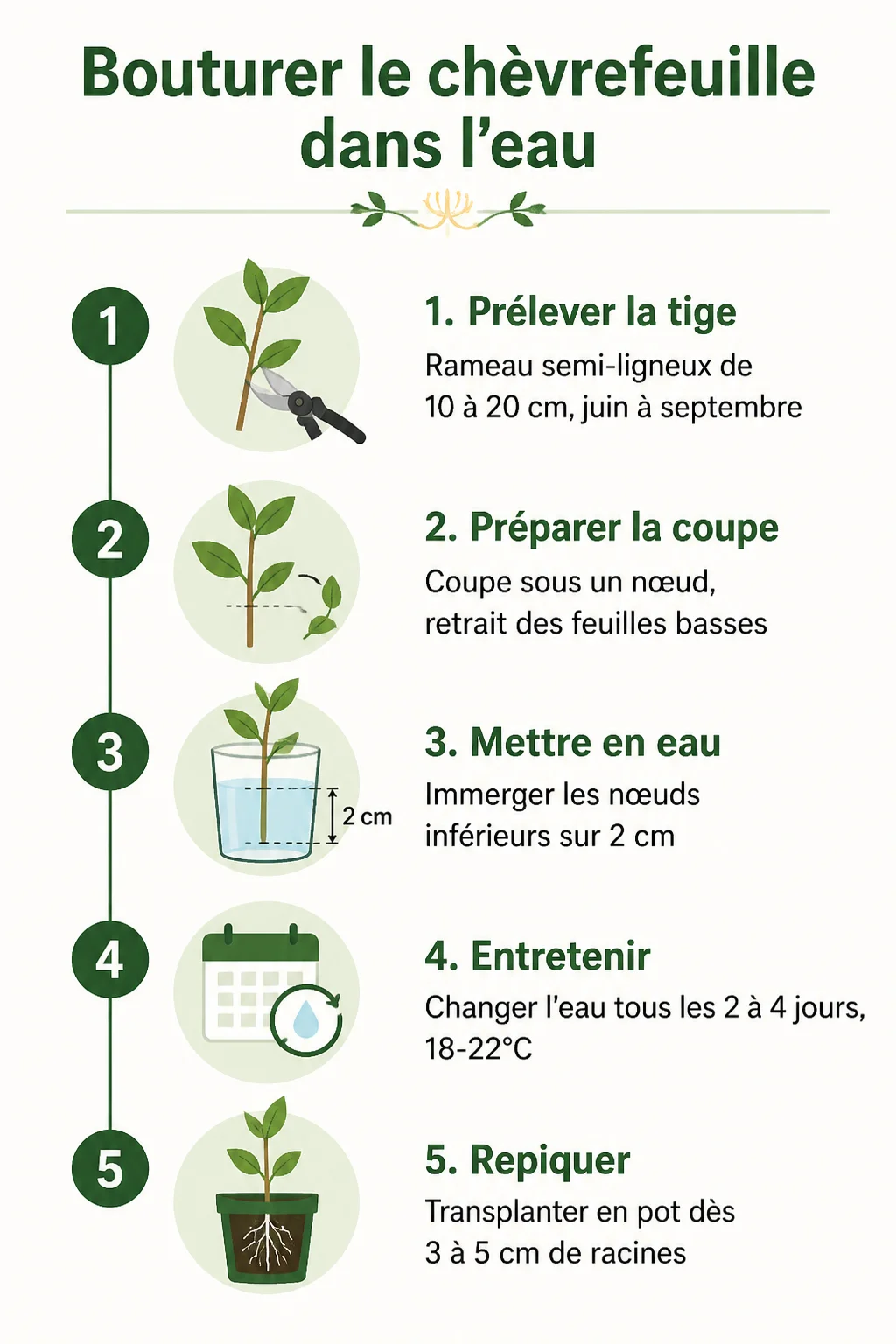 Bouturer le chèvrefeuille dans l'eau : 1. Prélever la tige, 2. Préparer la coupe, 3. Mettre en eau, 4. Entretenir, 5. Repiquer