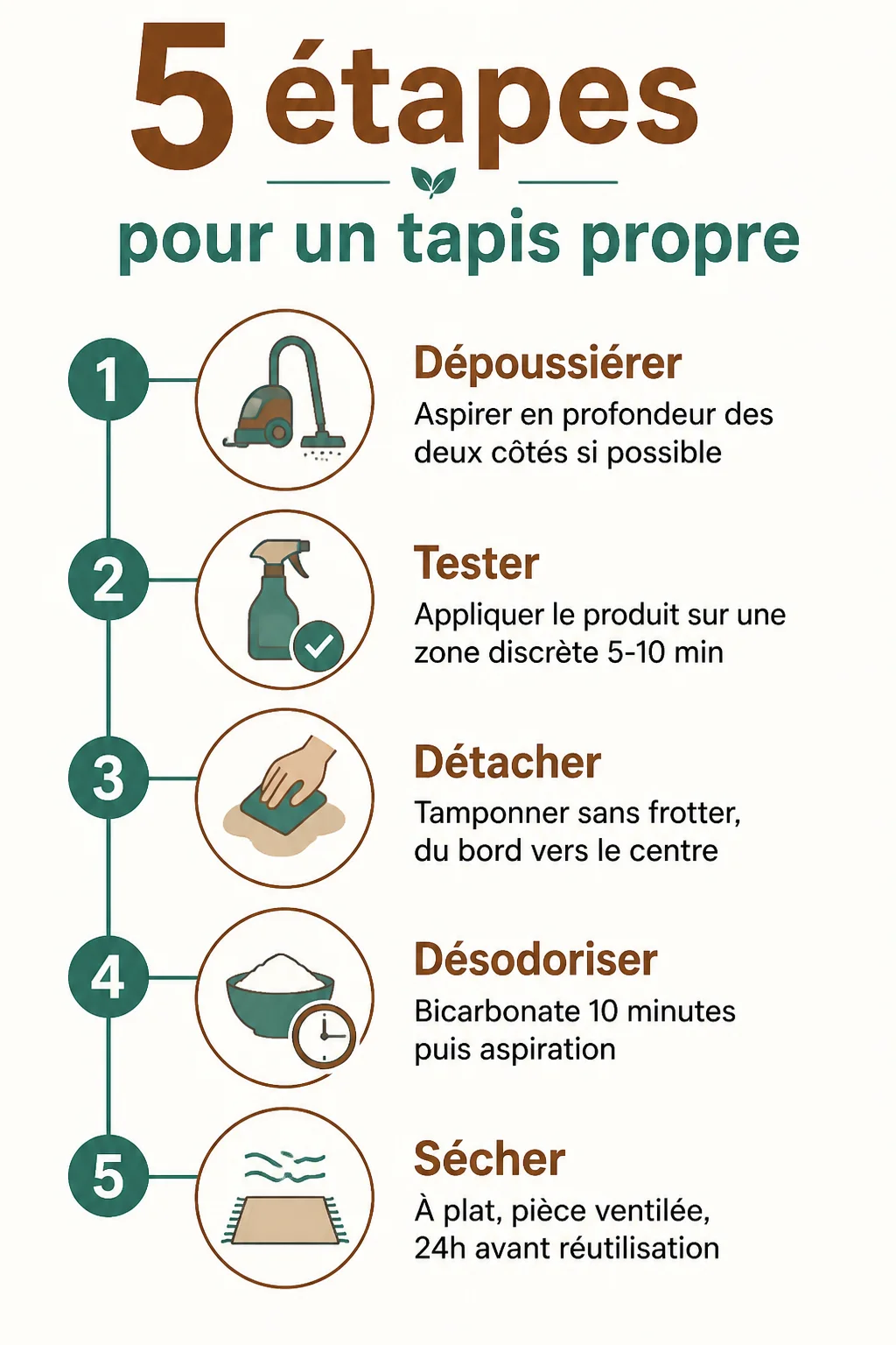 5 étapes pour un tapis propre : 1. Dépoussiérer, 2. Tester, 3. Détacher, 4. Désodoriser, 5. Sécher
