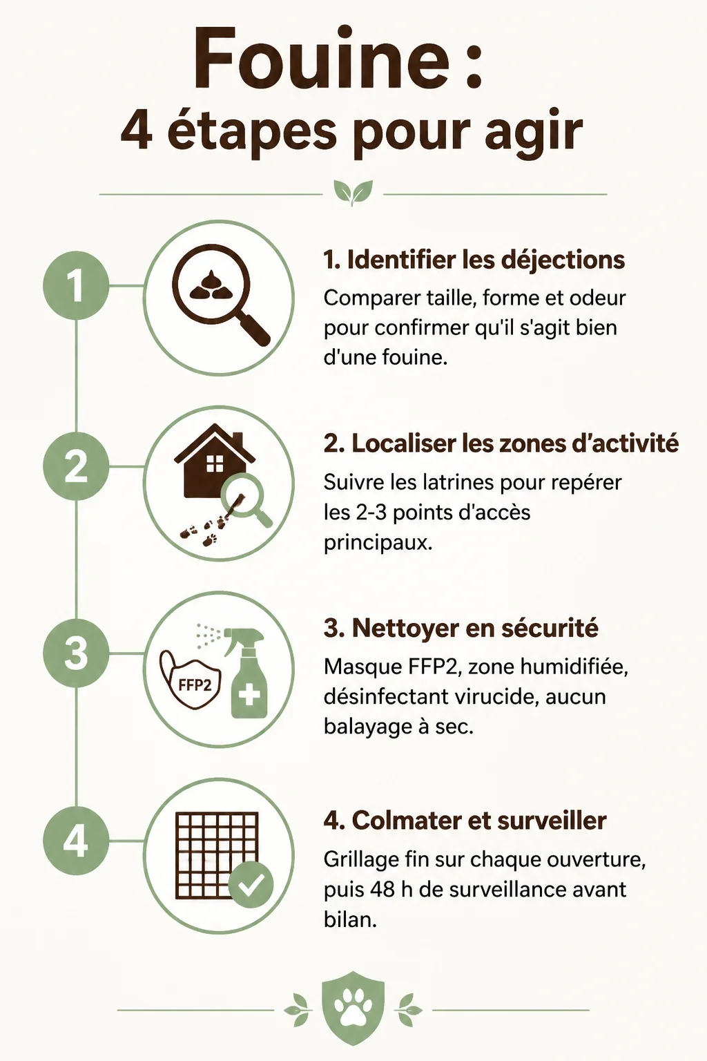 Fouine : 4 étapes pour agir : 1. Identifier les déjections, 2. Localiser les zones d'activité, 3. Nettoyer en sécurité, 4. Colmater et surveiller