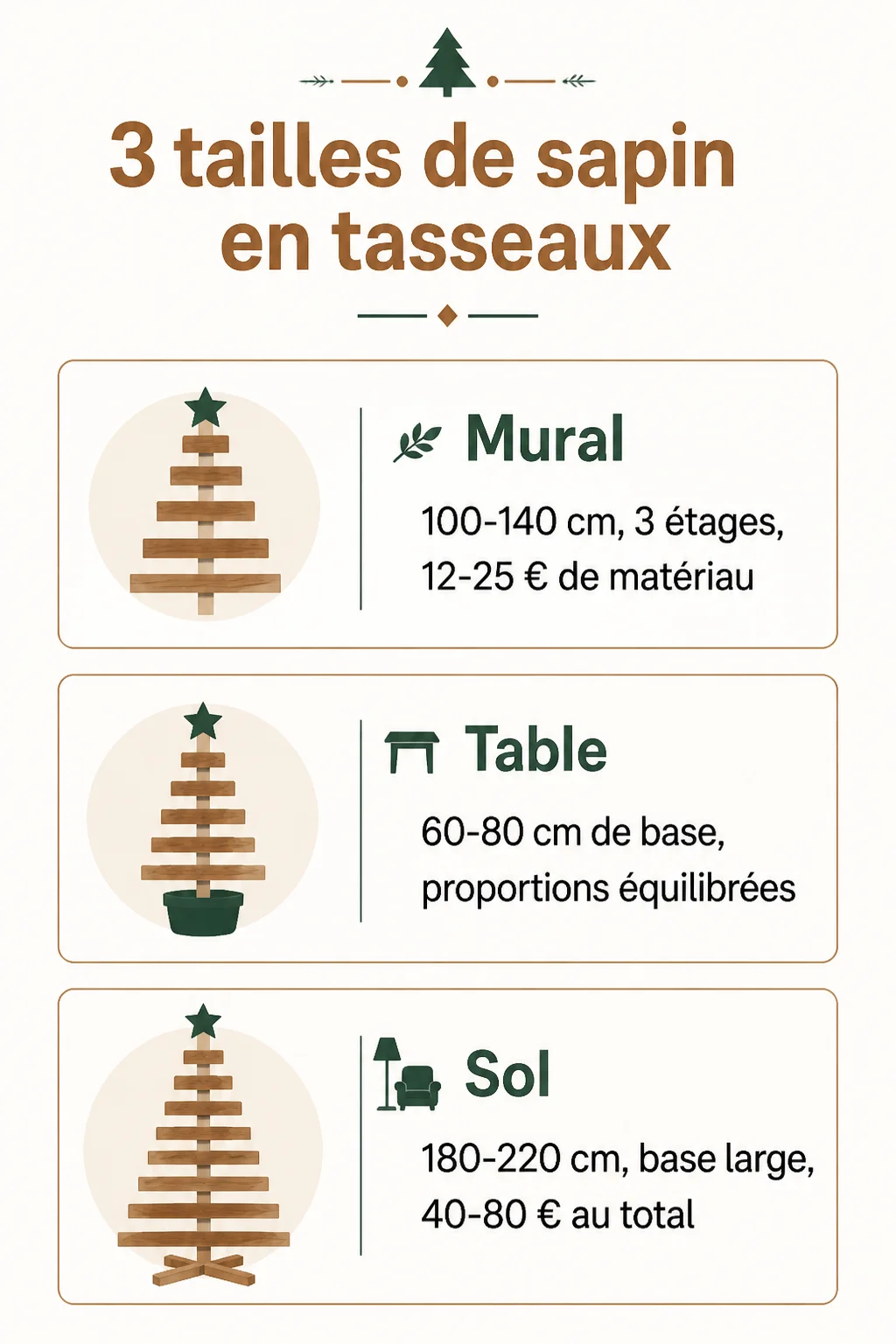3 tailles de sapin en tasseaux : Mural, Table, Sol