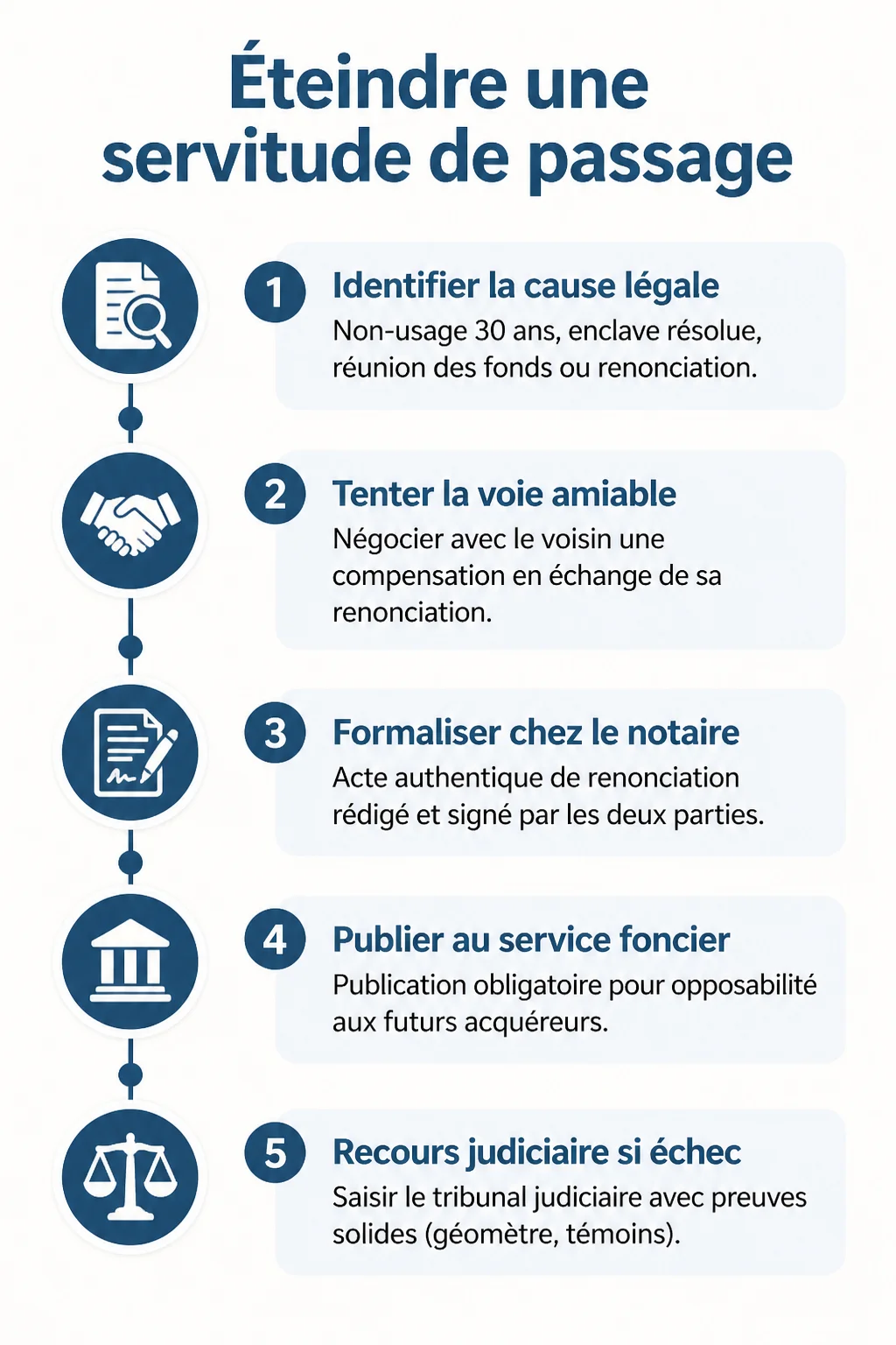 Éteindre une servitude de passage : 1. Identifier la cause légale, 2. Tenter la voie amiable, 3. Formaliser chez le notaire, 4. Publier au service foncier, 5. Recours judiciaire si échec