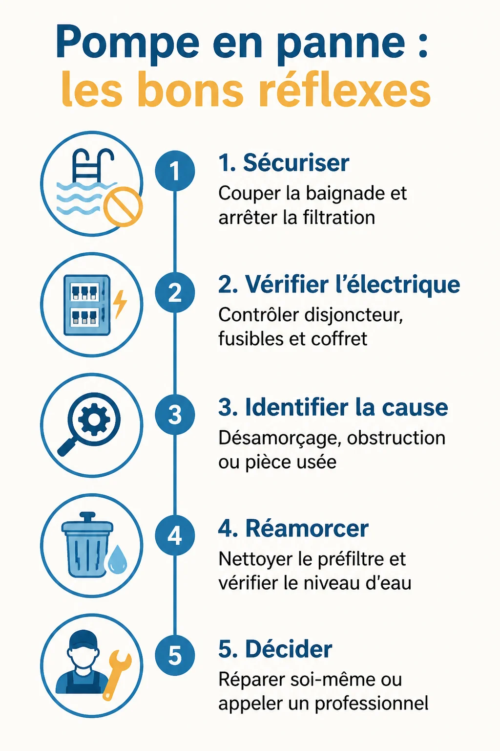 Pompe en panne : les bons réflexes : 1. Sécuriser, 2. Vérifier l'électrique, 3. Identifier la cause, 4. Réamorcer, 5. Décider