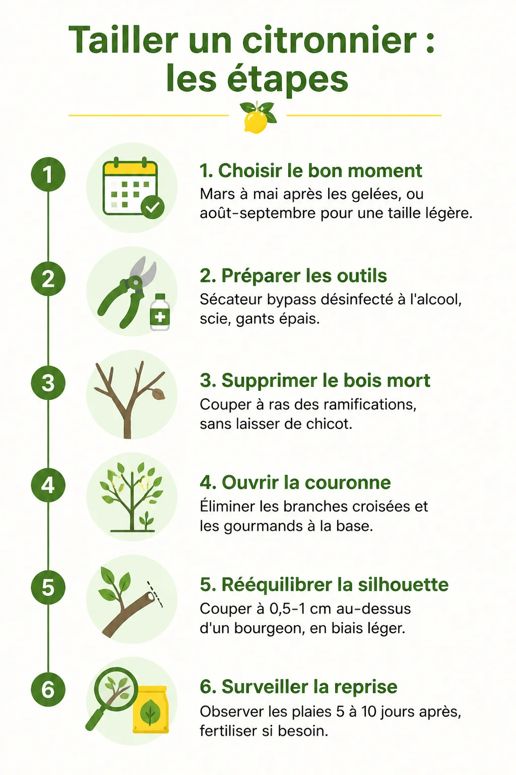 Tailler un citronnier : les étapes : 1. Choisir le bon moment, 2. Préparer les outils, 3. Supprimer le bois mort, 4. Ouvrir la couronne, 5. Rééquilibrer la silhouette, 6. Surveiller la reprise