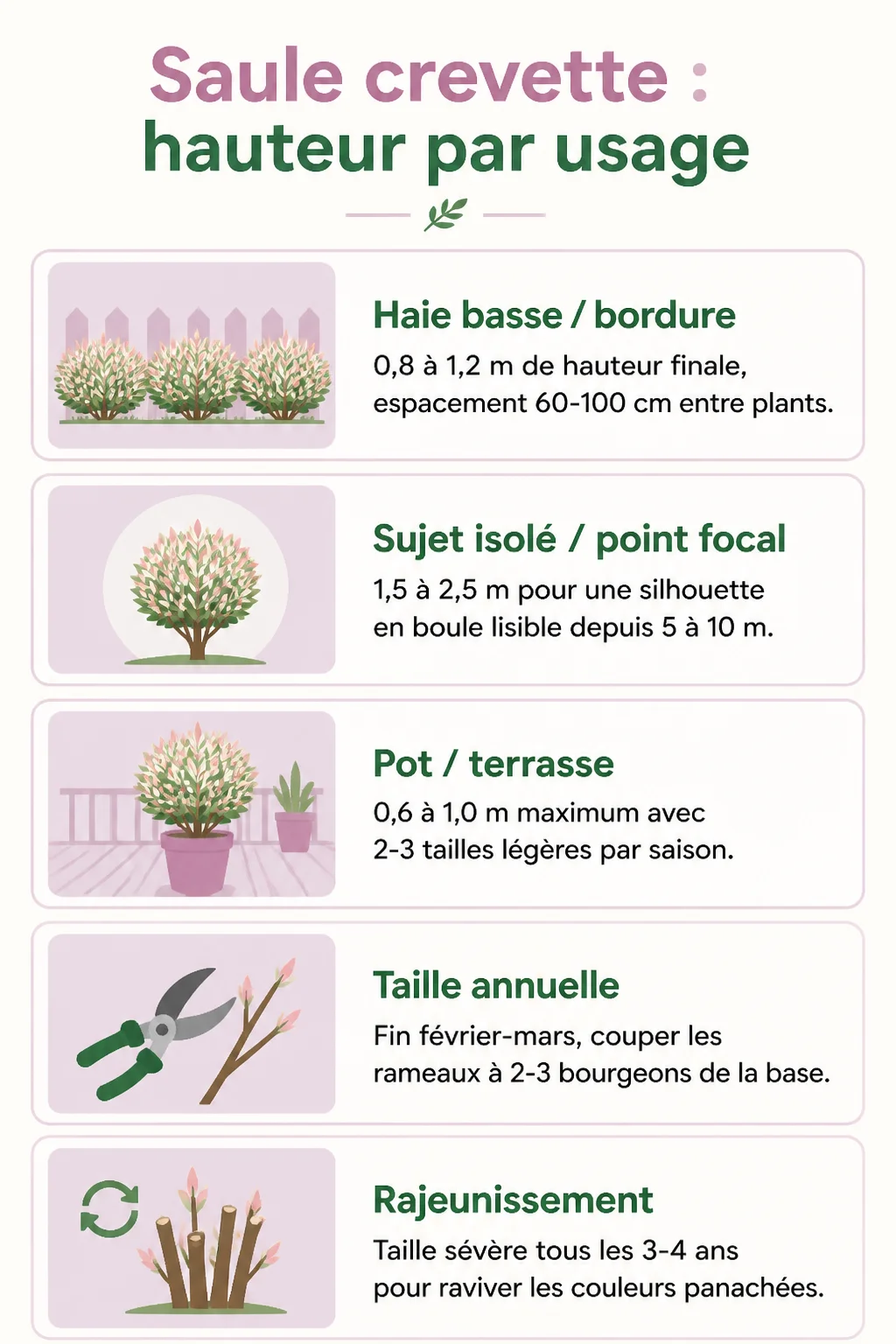 Saule crevette : hauteur par usage : Haie basse / bordure, Sujet isolé / point focal, Pot / terrasse, Taille annuelle, Rajeunissement