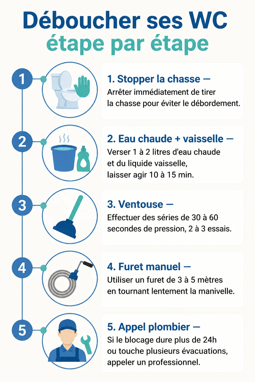 Déboucher ses WC étape par étape : 1. Stopper la chasse, 2. Eau chaude + vaisselle, 3. Ventouse, 4. Furet manuel, 5. Appel plombier