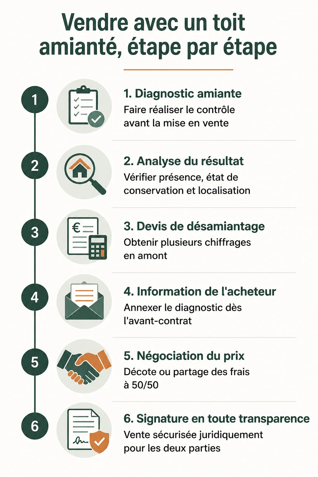 Vendre avec un toit amianté, étape par étape : 1. Diagnostic amiante, 2. Analyse du résultat, 3. Devis de désamiantage, 4. Information de l'acheteur, 5. Négociation du prix, 6. Signature en toute transparence