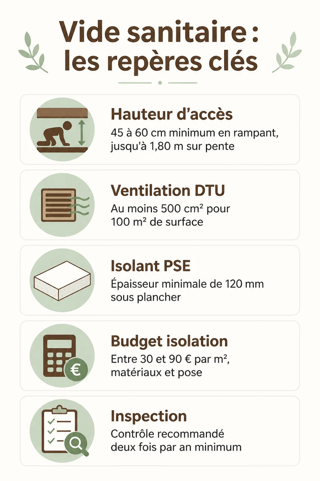 Vide sanitaire : les repères clés : Hauteur d'accès, Ventilation DTU, Isolant PSE, Budget isolation, Inspection
